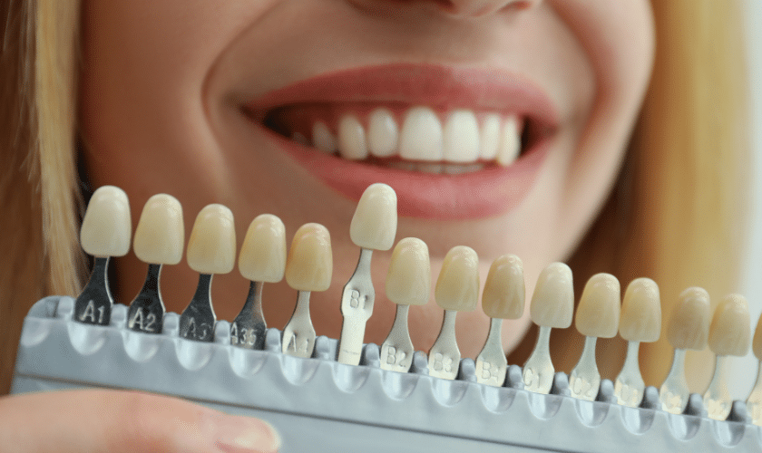 Dental shade guide showing tooth color options for cosmetic smile enhancement.