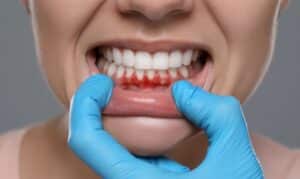 Close-up of inflamed gums showing signs of gum disease requiring dental treatment.